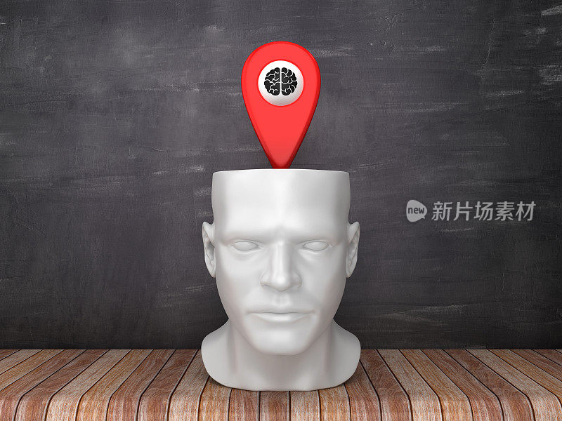 人类头部与GPS标记在黑板背景- 3D渲染